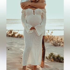 Elegant White Crochet Maternity Maxi Dress